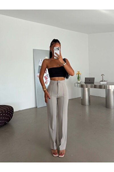 mydukkan.co Front Stitched Pipe Leg Fabric Trousers - Gray
