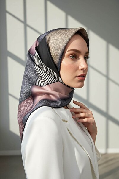 Vissona %100 Twill İpek Dokulu ve Geometrik Desenli Pudra - Gri Renkli 90x90 ...