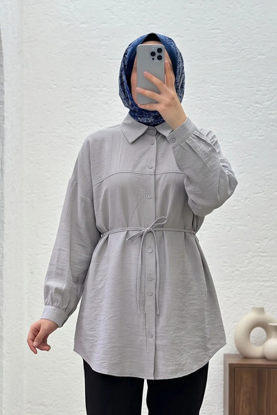 Modestim Tesettür Kadın Gri Çilek Kumaş Trend Tesettür Tunik Düğmeli 78 CM Ov...