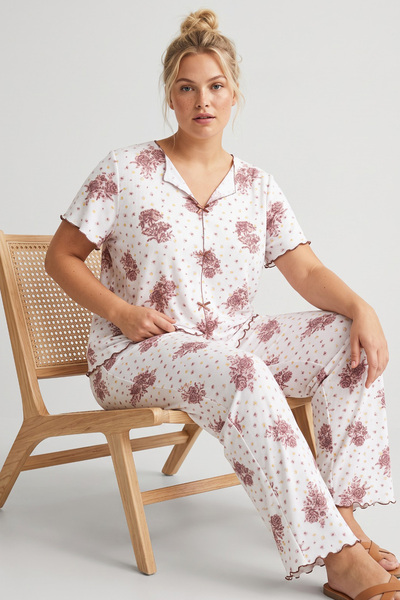 Siyah İnci Set de pijamale tricotate cu model de flori de trandafir uscat, cu...