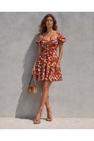 Modafeminen Desenli1 Square Neck Short Sleeve Floral Mini Summer Dress 581722