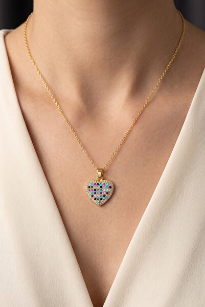 Modacaprea Steel 22K Colored Stone Heart Necklace 45 cm |   Gold Color Non Ta...
