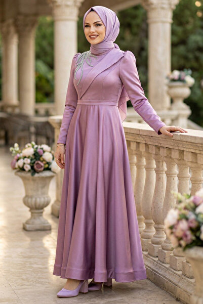 Neva Style Saten Gül Kurusu Tesettür Abiye Elbise 22260GK