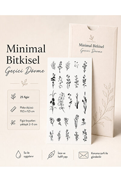 Trendonline 25 Figürlü Minimal Bitkisel Geçici Vücut Dövmesi – Çiçek ve Yapra...