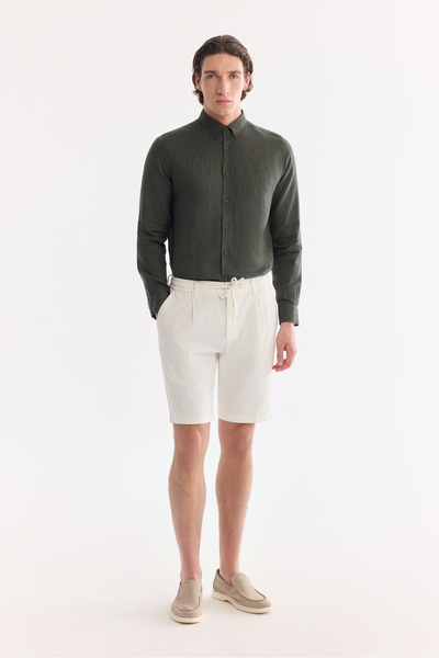 Avva Men's Off-White Elastic Waist Linen Blend Relaxed Fit Shorts B003731