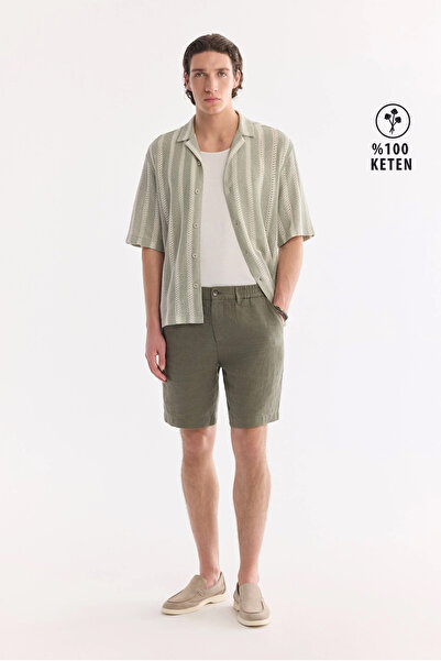 Avva Men's Khaki Elastic Waist 100% Linen Relaxed Fit Shorts B003732