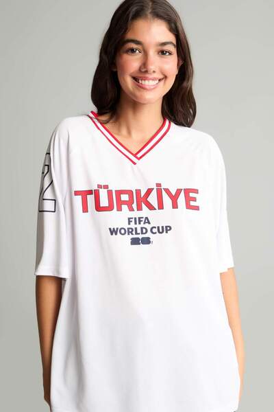 DeFacto Oversize V-Neck Turkey Printed Short Sleeve White T-Shirt I1982Ax26Hs