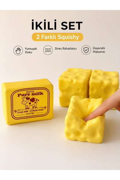 TOYTOPIA 1 Adet Pure Milk Butter Squishy + 1 Adet Peynir Squishy - Tereyağı+ ...