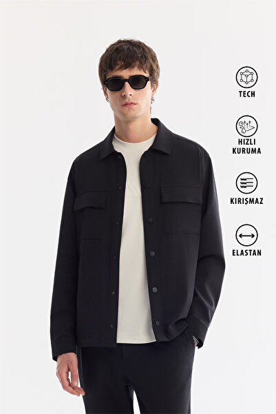 Avva Men's Black Classic Collar Technical Fabric Wrinkle-Free Comfort Fit Shi...