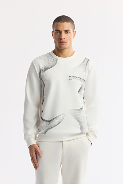 Avva Men's Ecru Crew Neck Bi-Stretch Interlock Regular Fit Sweatshirt A51Y1221