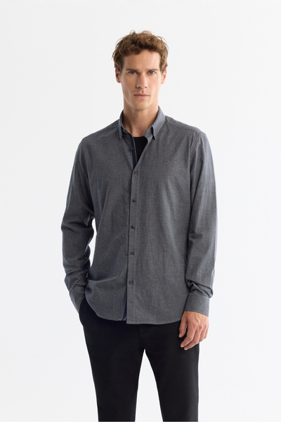 Avva Men's Navy Blue Buttoned Collar 100% Cotton Flannel Slim Fit Shirt A42Y2002