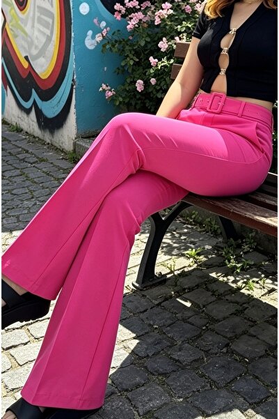 aurabutikstyle Fuşya Kemerli İspanyol Paça Pantolon - Yüksek Bel