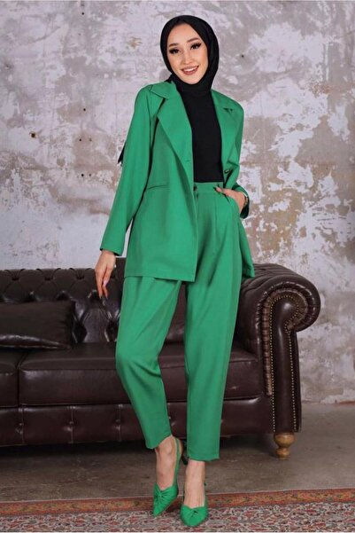 TRENDTESETTÜR KADIN YEŞİL (BENETTON) KRUVAZE YAKA BLAZER CEKET PANTOLONLU TAK...