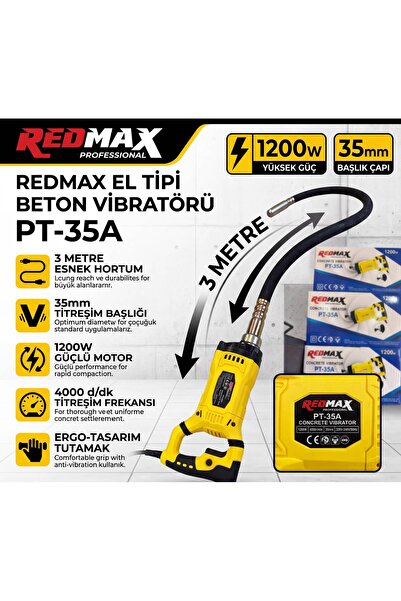 REDMAX PROFESYONEL REDMAX PT-34A EL TİPİ BETON VİBRATÖRÜ HORTUM 3MT 1200WAT 3...