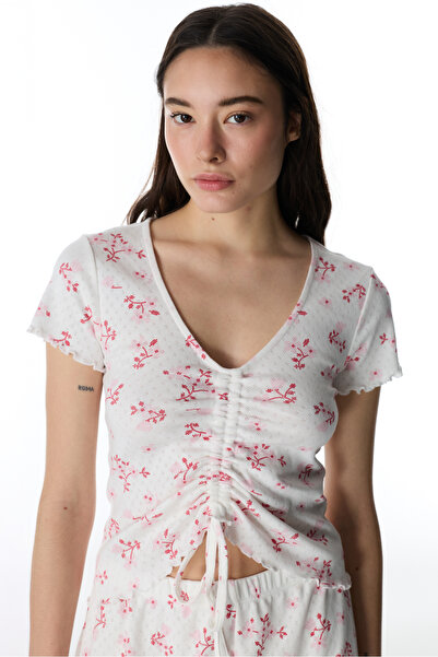 Penti Pembe Blossom Pointel Çiçekli Kısa Kollu Tişört Pijama Üstü