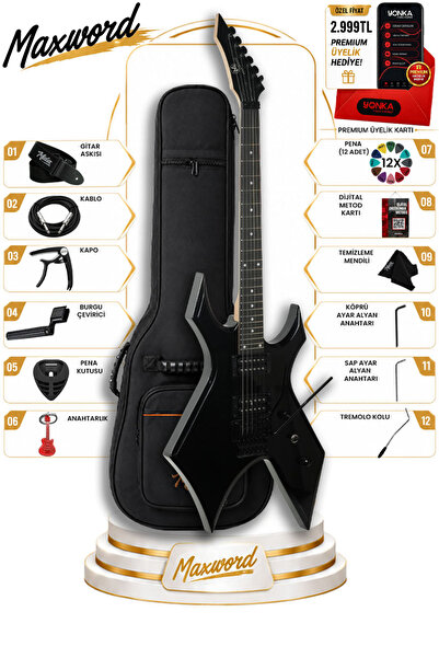 Maxword GT-Line-BK Profesyonel Warlock Kasa HH Elektro Gitar Seti Siyah