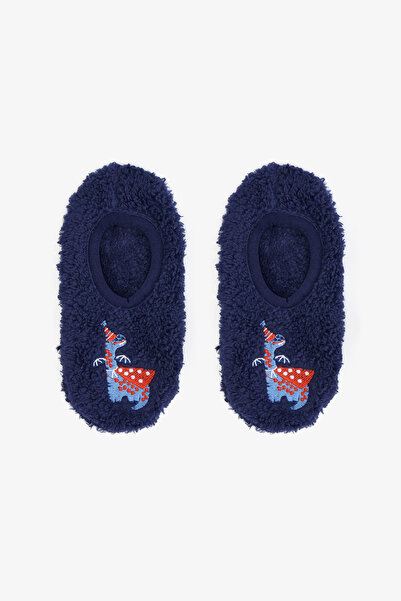Penti Dark Indigo Boy's Dinosaur Patterned Embroidered Non-Slip Sole Home Shoes
