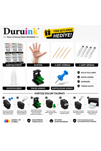 Duruink CANON TR4755i PG575 CL576 KARTUŞ DOLUM SETİ 500ML SİYAH+3x100ML RENKLİ MÜREKKEP