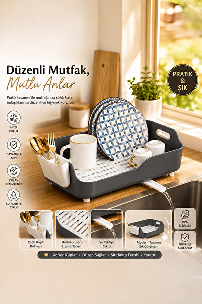 Porsima AKL-060 Gri Lüks Tabaklık Bulaşıklık-Yönlendirilebilir Su Akıtma Kana...