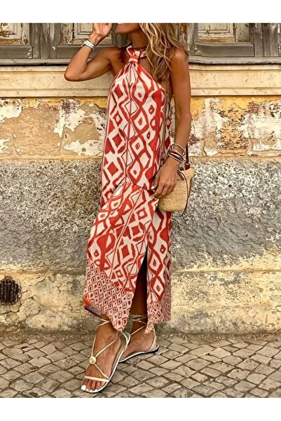 Generic Brand Women's Patterned Long Jersey Dress with Open Shoulders and Str...