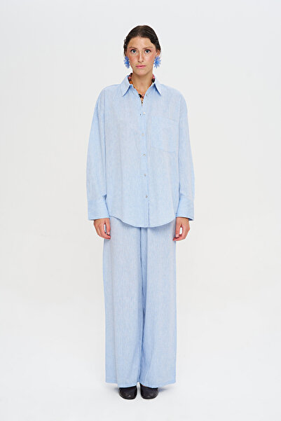 Orfeo Negro Keten Mavi Oversize Kadın Gömlek