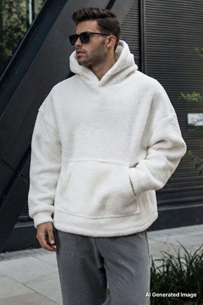 Madmext White Oversize Plush Men's Sweatshirt 6160