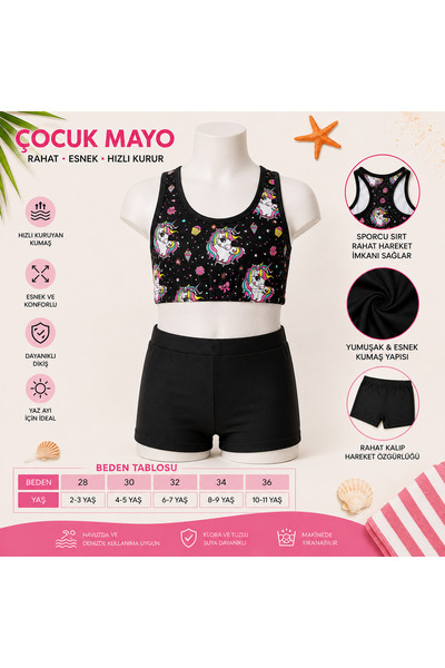 pistyle Kız Çocuk Unicorn Desenli Büstiyerli Şortlu Mayo Takımı