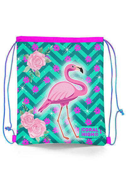 Coral High Kids Water Green Pink Flamingo Patterned Drawstring Drawstring Bac...