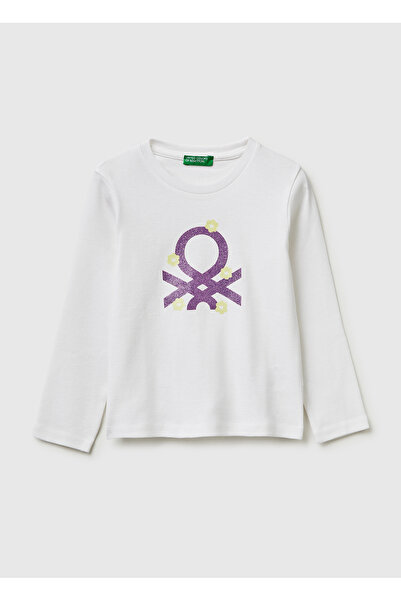 United Colors of Benetton Girl's White Glittery Colorful Graphic Printed Roun...