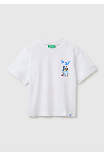 United Colors of Benetton Boy's White Bluey Print Detailed Round Neck T-Shirt