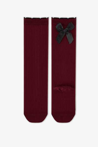 Penti Kız Çocuk Bordo Preppy Sweetie Fiyonk Desenli Pamuklu Pantolon Çorap
