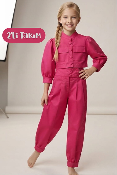 Hilal Akıncı Kids Girl's Judge Collar Balloon Sleeve Lined Crop Jacket Puff D...