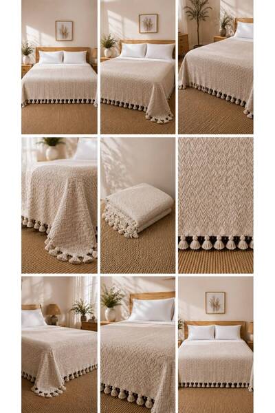 The Lorıen Atelıer Buldan Cotton Ethnic Pattern Beige Color Double Bedspread & Pique
