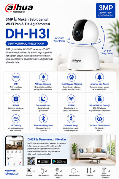DAHUA Hero H3I Indoor – 3MP , 360° Dönebilen, Gece Görüşlü, Hareket Takipli W...