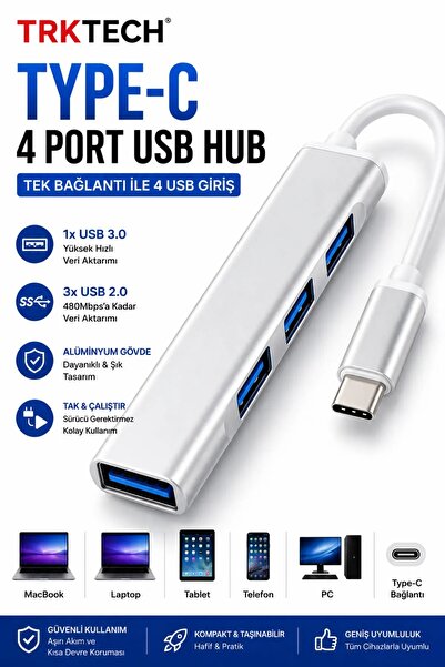 TrkTech Type-C USB Hub 4 Port USB Çoklayıcı USB 3.0 Hub Type-C to USB Çeviric...