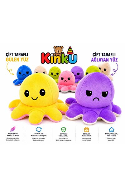 KİNKU Mod Değiştiren Çift Yüzlü Sevimli Canlı Renkler Peluş Ahtapot Yastık & ...