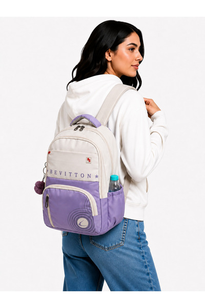 Bevitton Water Resistant Fabric Unisex Beige-Lilac School Backpack 34400