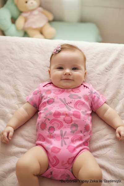 Le Mabelle Fuchsia Floral Patterned Double Short Sleeve Baby Girl Bodysuit Se...
