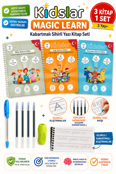 KİDSLAR Magic Learn Oluklu Sihirli Yazı Defter Seti - 3 Kitap, Kalem & Refil ...