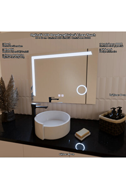 OEM Oglindă LED dreptunghiulară, 80x60 cm, Linea Touch, anti-aburire, reglabilă