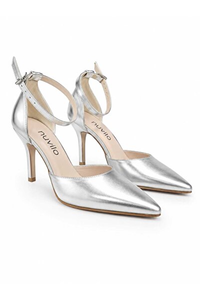 nuvilo gümüş 8.5 cm kemerli sivri burun stiletto ince topuklu kadın ayakkabı