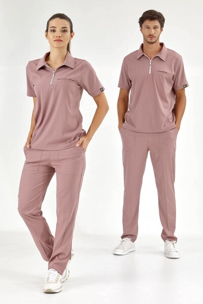 ÇİZGİ MEDİKAL Dusty Rose Polo Collar Doctor Nurse Medical Scrubs Set Luxury L...