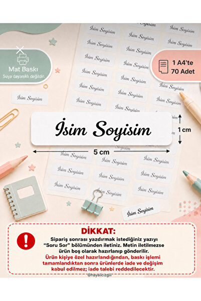 Hayali Çizgili Kişiye Özel İsim Etiketi Mat Baskı 5x1 cm 70 Adet A4 Okul İsim...