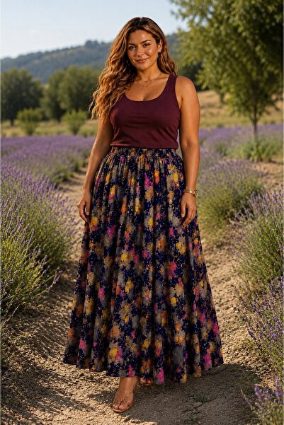 CALERA Plus Size Patterned Non-Exposing Long Skirt, Sizes 46-60, Elastic Wais...