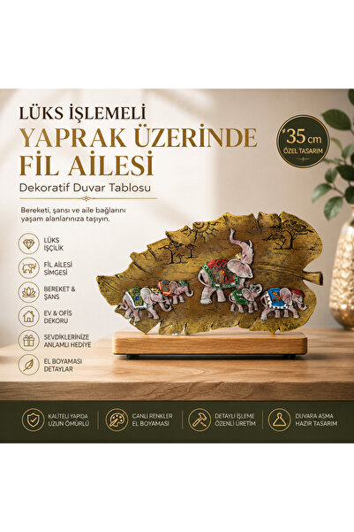 e-life shop Lüks İşlemeli Yaprak Üzerinde Fil Ailesi Dekoratif Duvar Tablosu ...