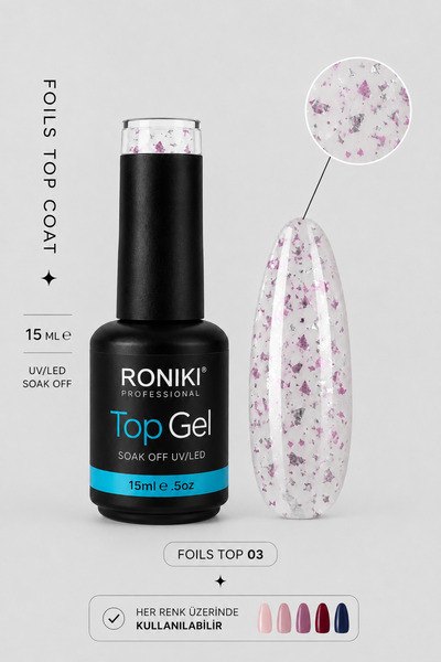 RONIKI Foils Top Coat Pink - Folyo Parçacıklı Simli Top Coat Pembe 15ml 03