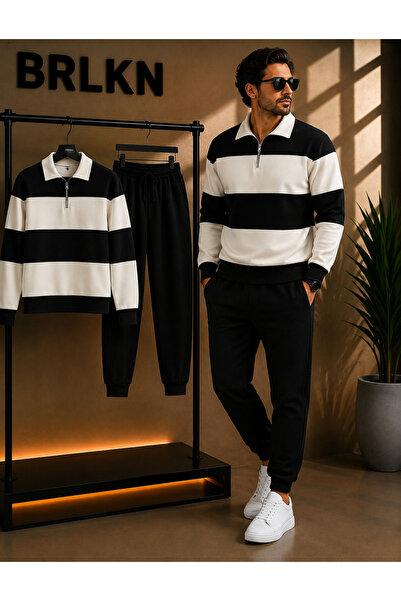 BRLKN Unisex thick striped half zipper tracksuit set 3 thread cotton new season