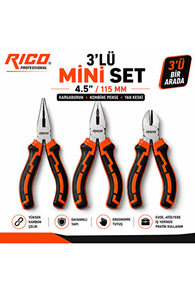 Rico 3'lü Profesyonel Mini Kargaburun Mini Yankeski Mini Kombine Pense Seti 1...