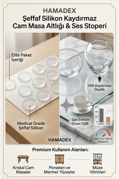 HAMADEX Şeffaf Silikon Kaydırmaz Cam Masa Altlığı & Ses Stoperi standart Kend...