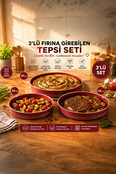 Porsima Montella 3lü Tepsi Seti Börek Gözleme Pizza Fırın Tepsisi 26-28-30cm ...